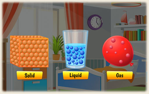 Identify the shared characteristics (of matter) in objects that exist in different states at room temperature.